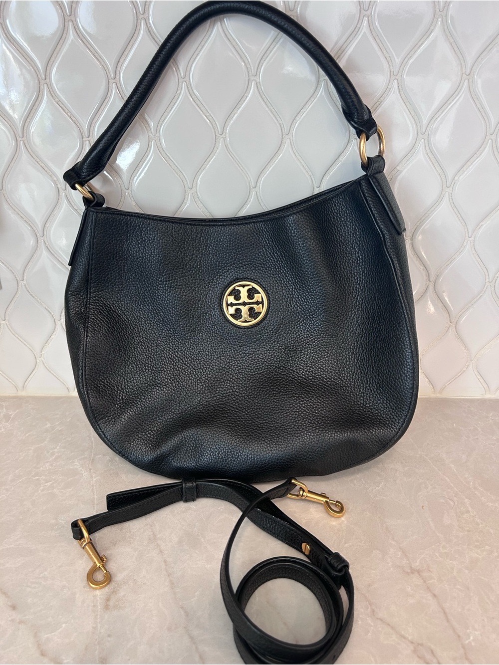 Tory Burch Black Pebbled Leather Shoulder Hobo with Gold Logo Accent